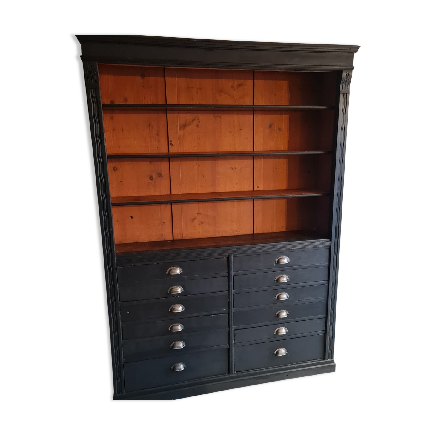 Industrial furniture loom shelf with drawers black patina