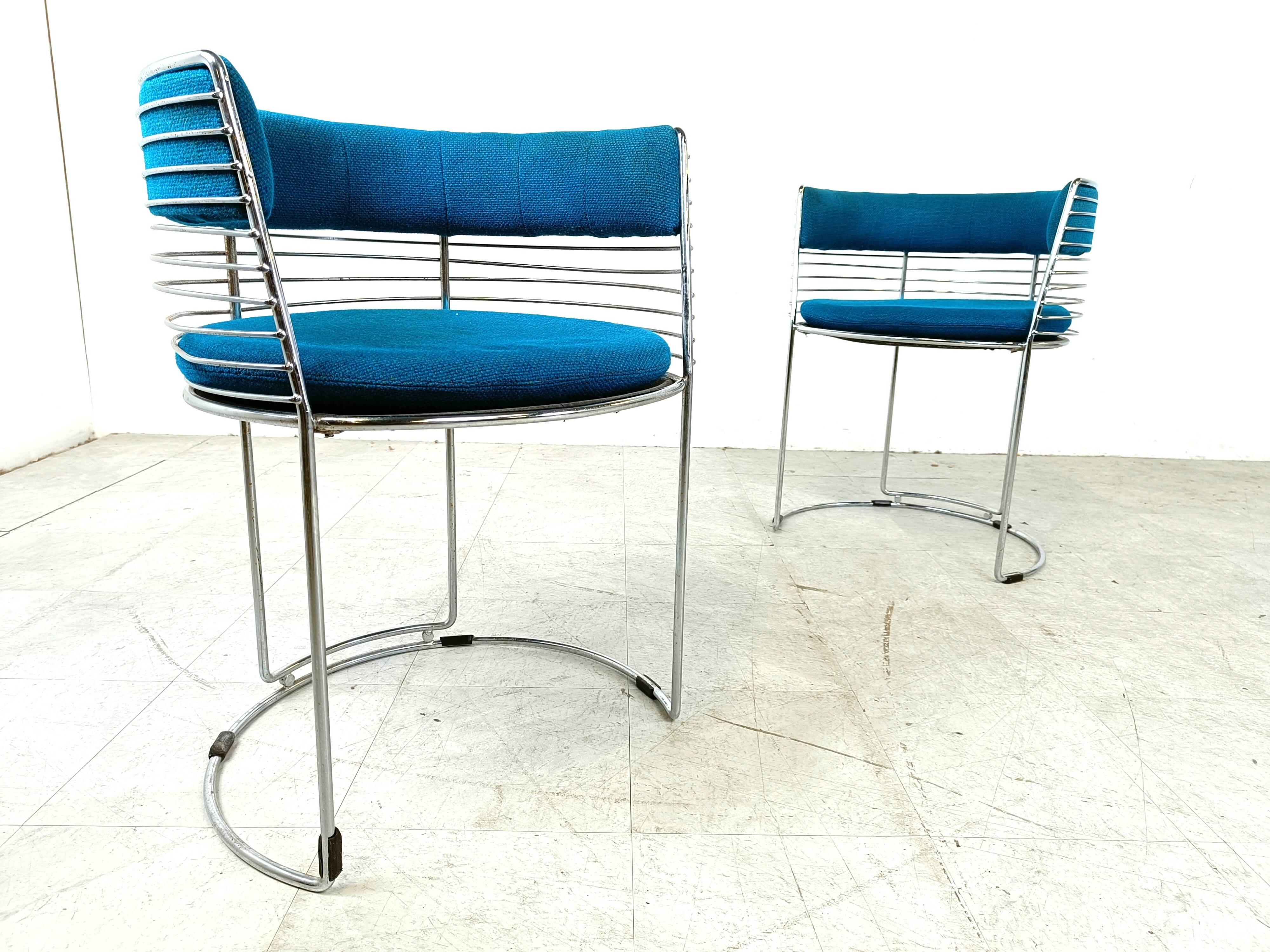 Set of 6 chrome wire and blue fabric dining chairs, 1970s