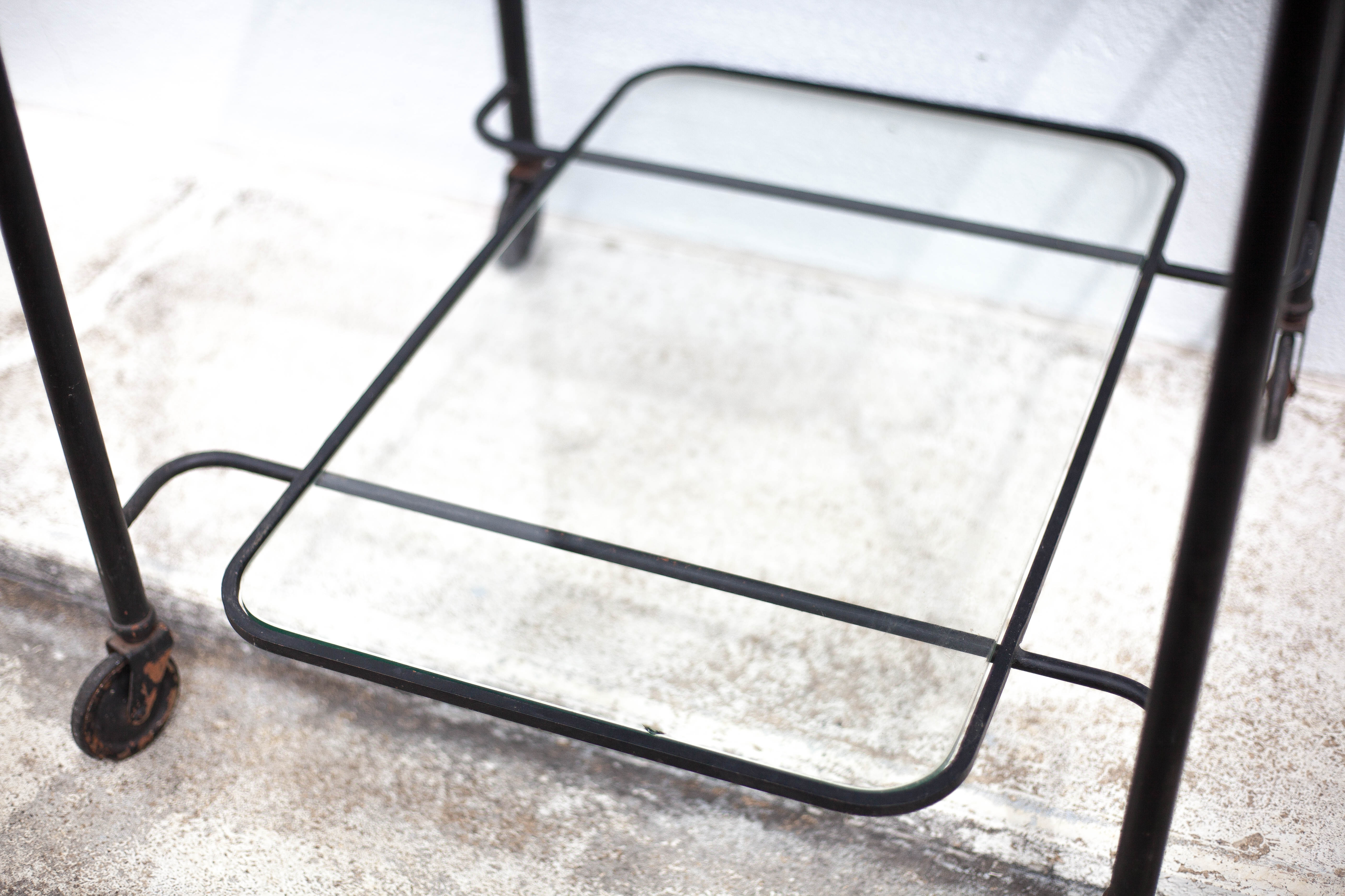 Mathieu Matégot rolling table, steel and brass service, 50s