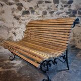 French garden bench in iron and wooden slats, mid-20th century.