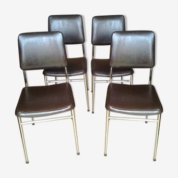 Lot de 4 chaises piétement chromé assise en simili cuir marron foncé