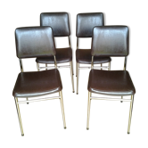 Lot de 4 chaises piétement chromé assise en simili cuir marron foncé