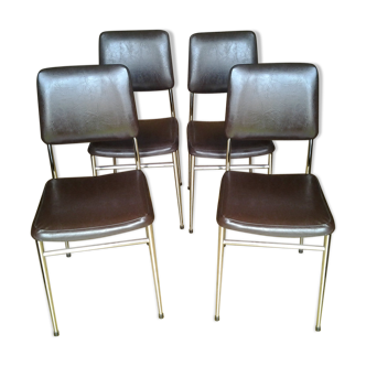 Set of 4 chairs chrome base seat in imitation leather dark brown