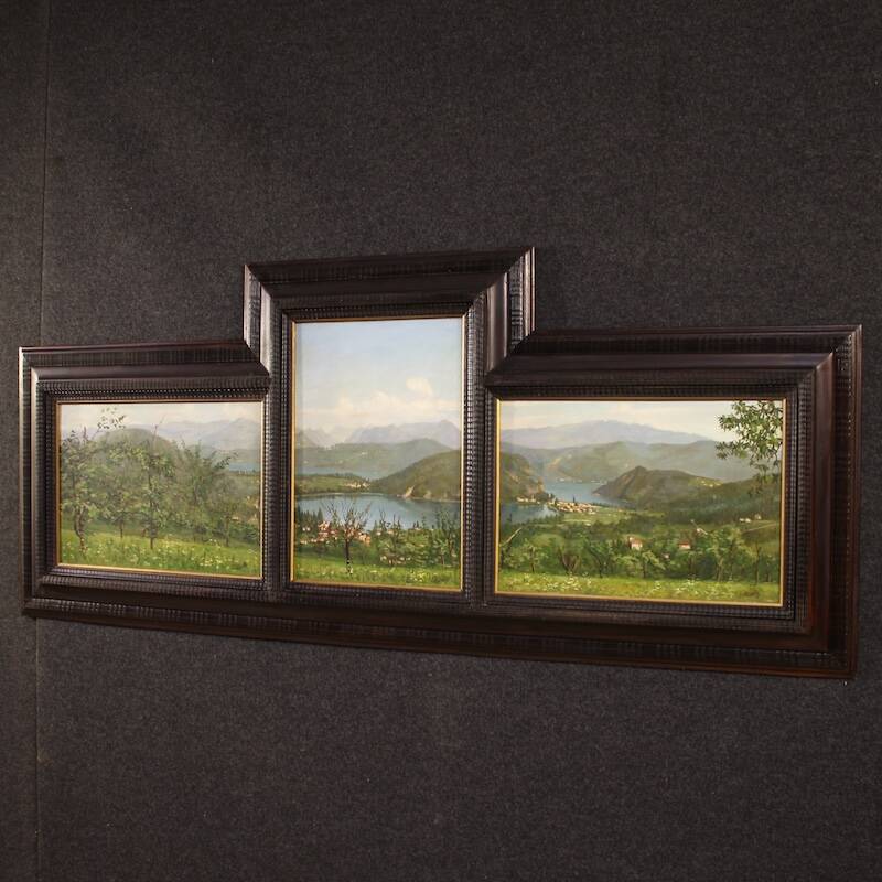 Triptyque de peintures vue du lac de Lugano, 20e siècle