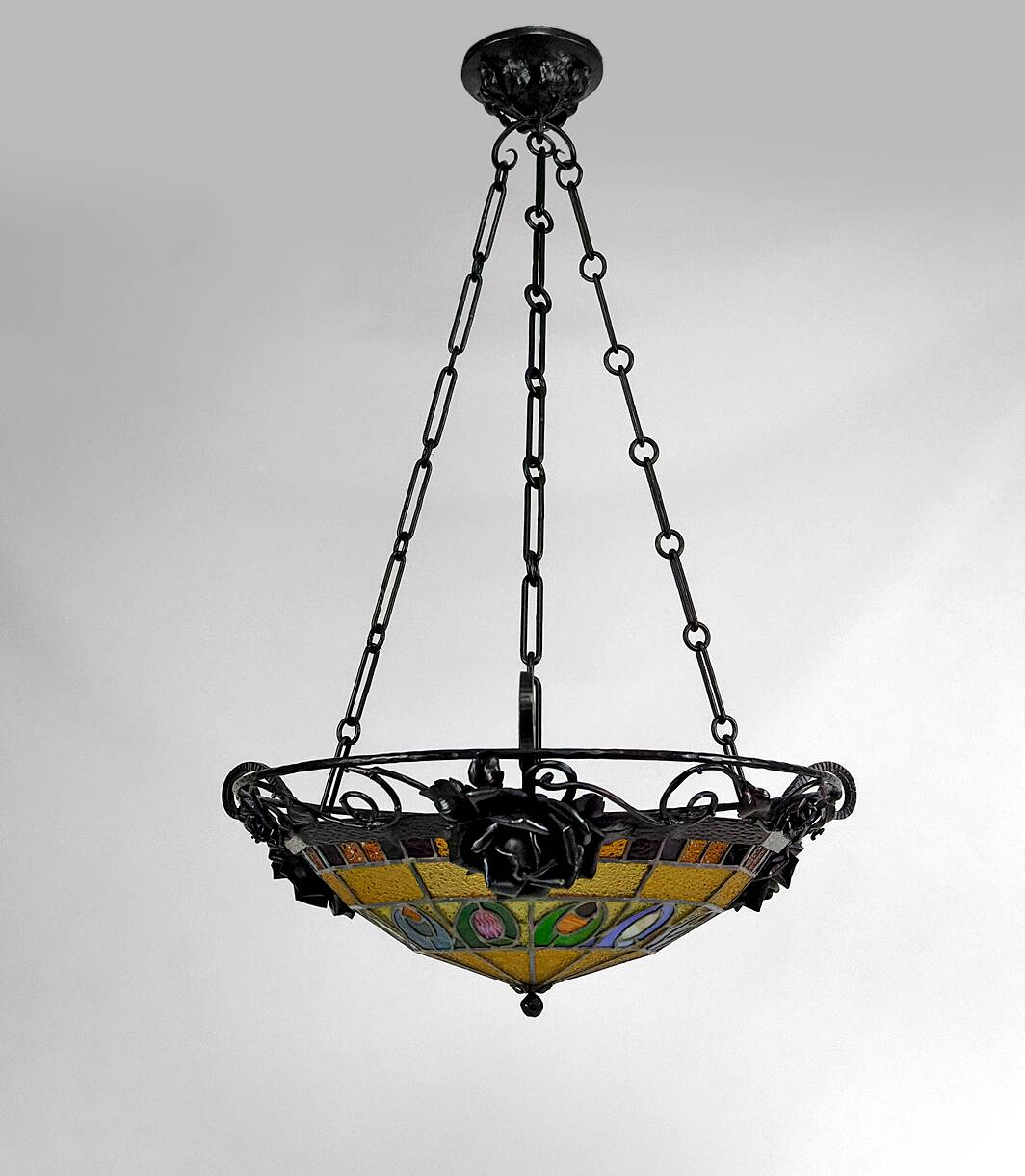 Art Deco wrought iron chandelier by Augustin Louis Calmels, France, Circa 1920