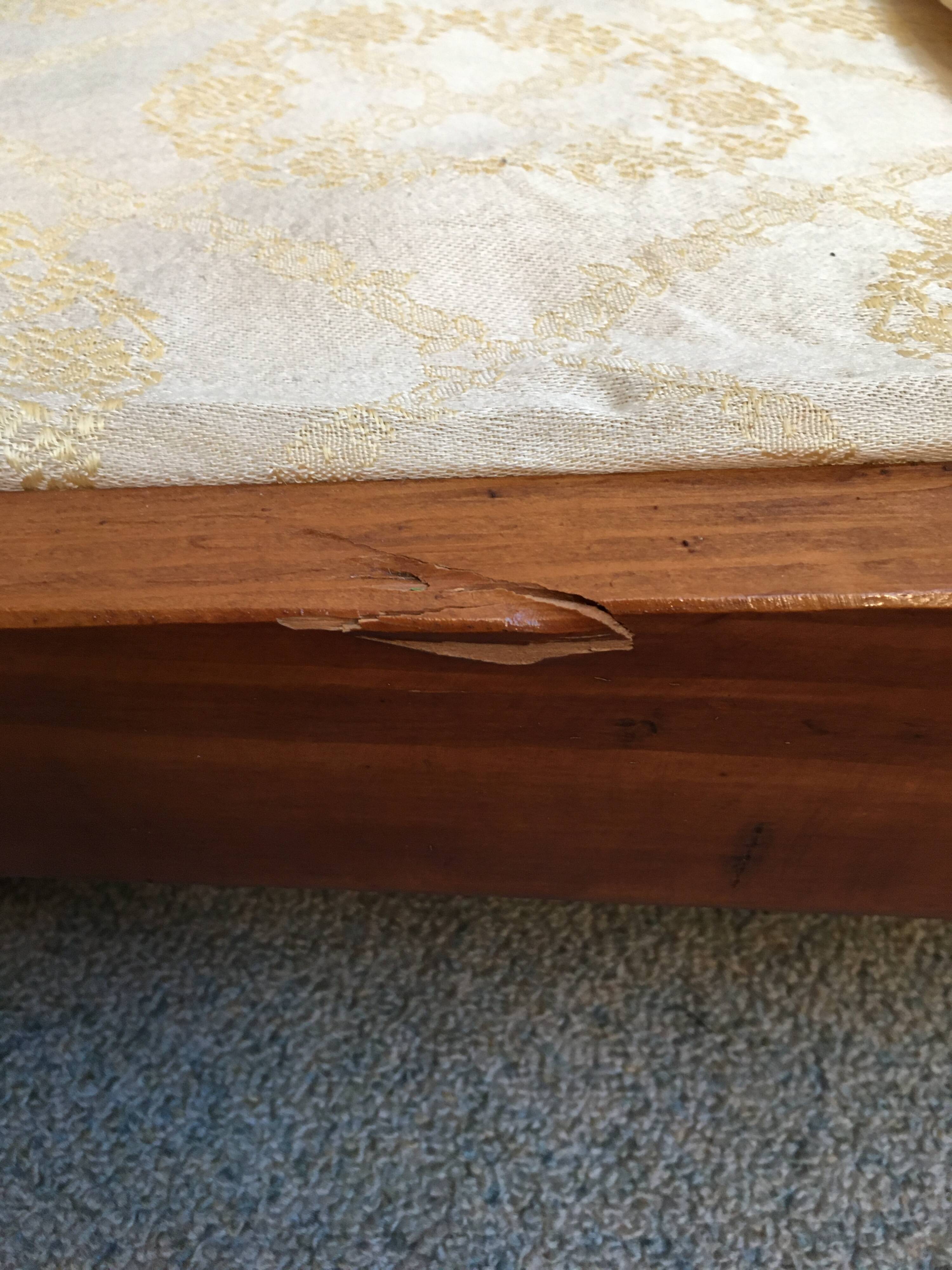 Old wooden bed for doll with mattress and pillow