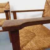 Set of 2 vintage brutalist armchairs in oak wood and straw