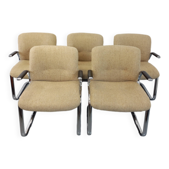 Suite de 5 fauteuils avec accoudoirs Steelcase Strafor en métal chromé et tissu de laine des années
