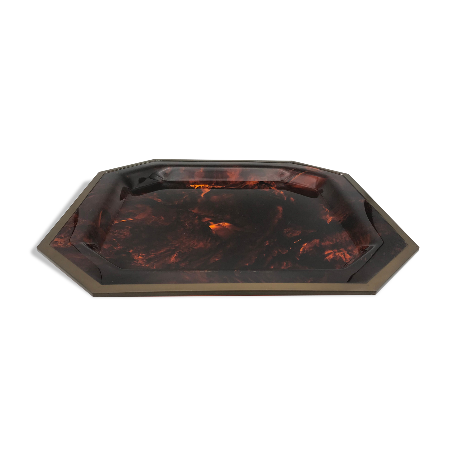Tray in lucite imitation tortoiseshell and hexagonal brass strap