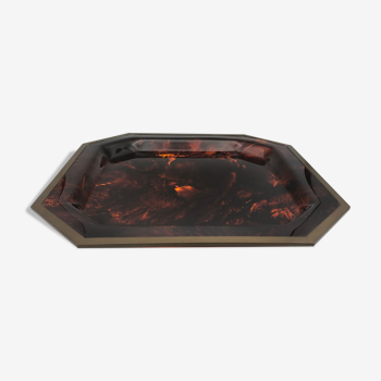 Plateau en lucite vintage imitation écaille de tortue et cerclage laiton hexagonal