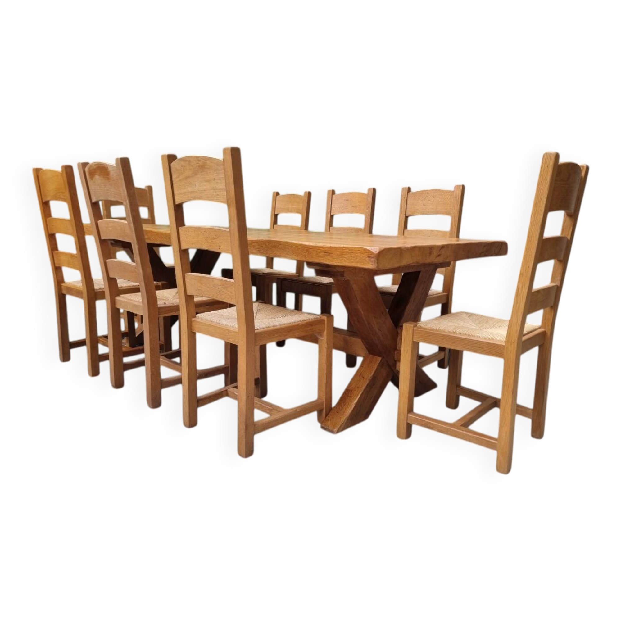 Brutalist farmhouse table with these 8 chairs.