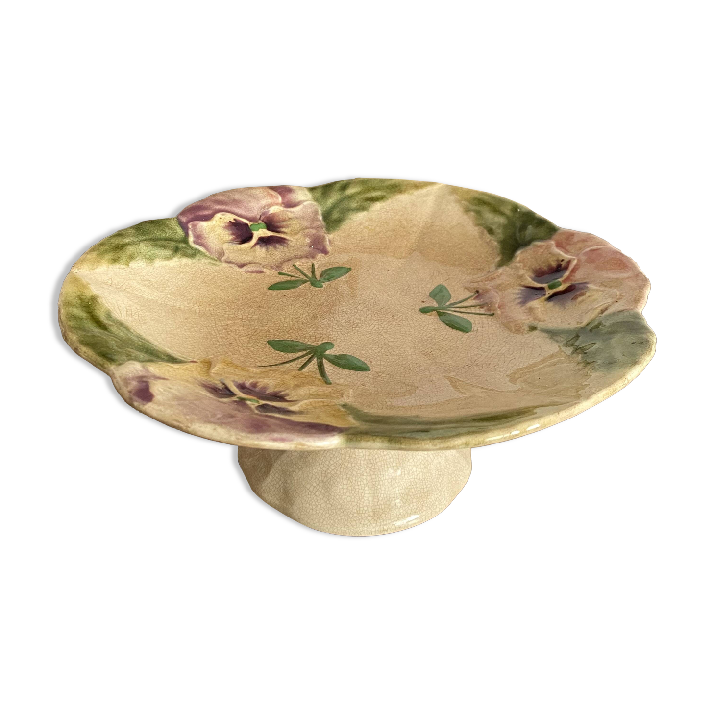 Footed dish in slip, pansy compote dish, Choisy le Roi