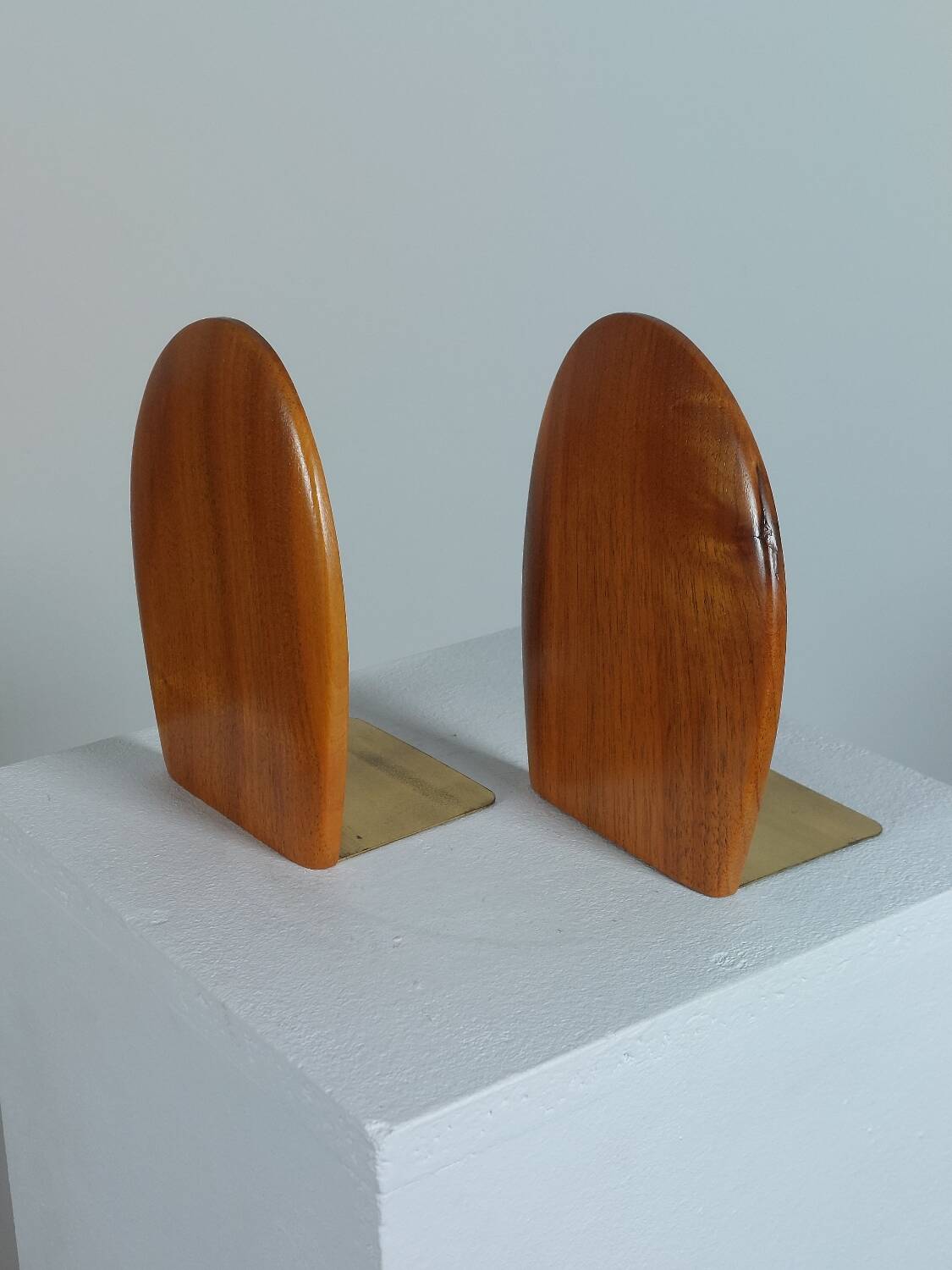 Vintage wooden and brass bookends from the 1950s, Scandinavian style.