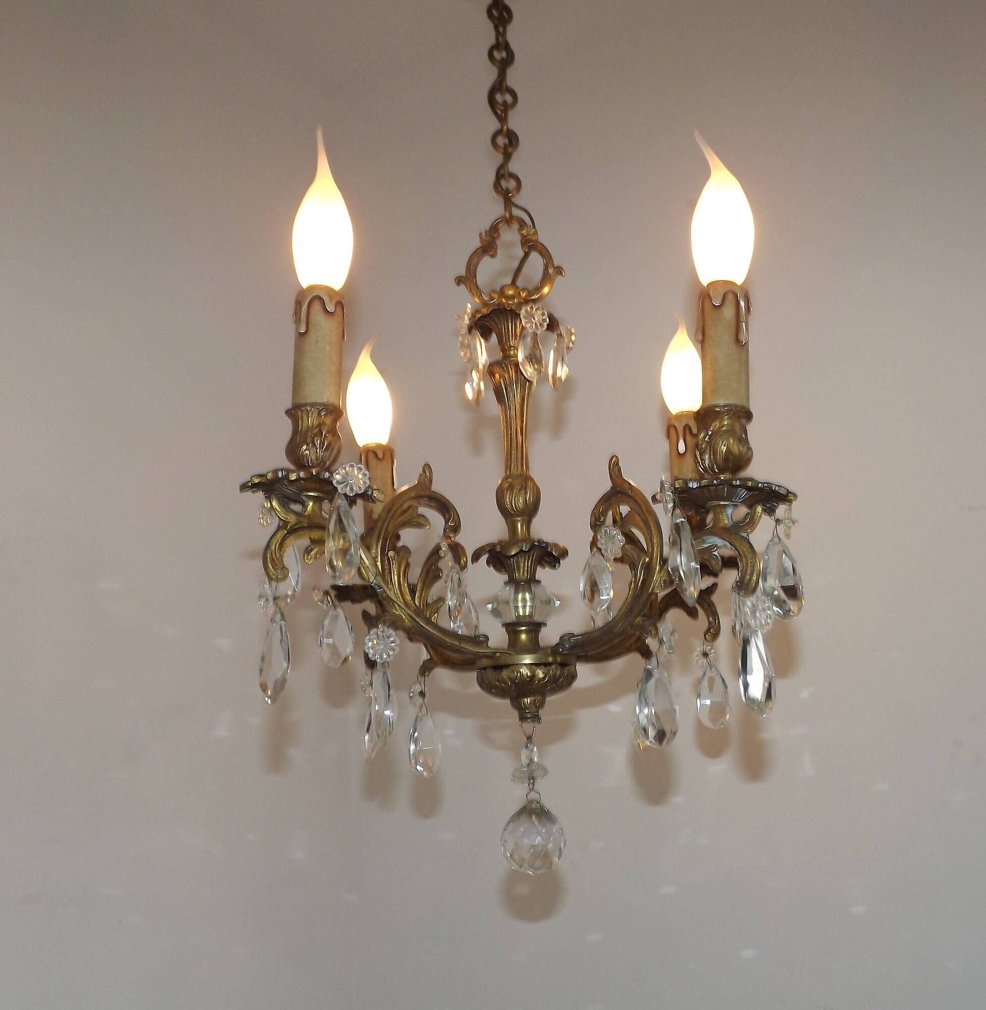 French Vintage Bronze and Glass 4 Light Art Nouveau Crystal Chandelier