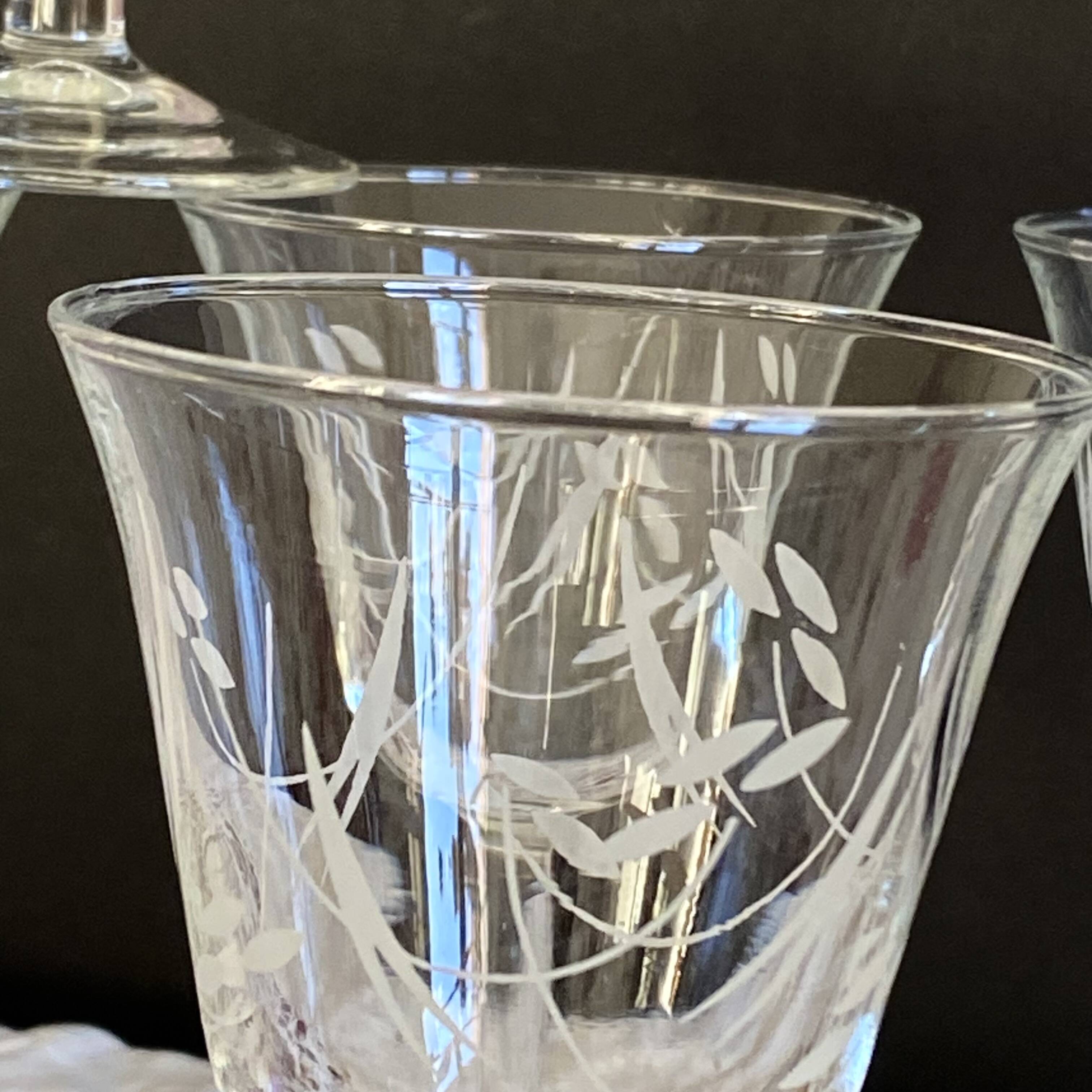 6 antique wine or water glasses engraved with vintage stylized flowers