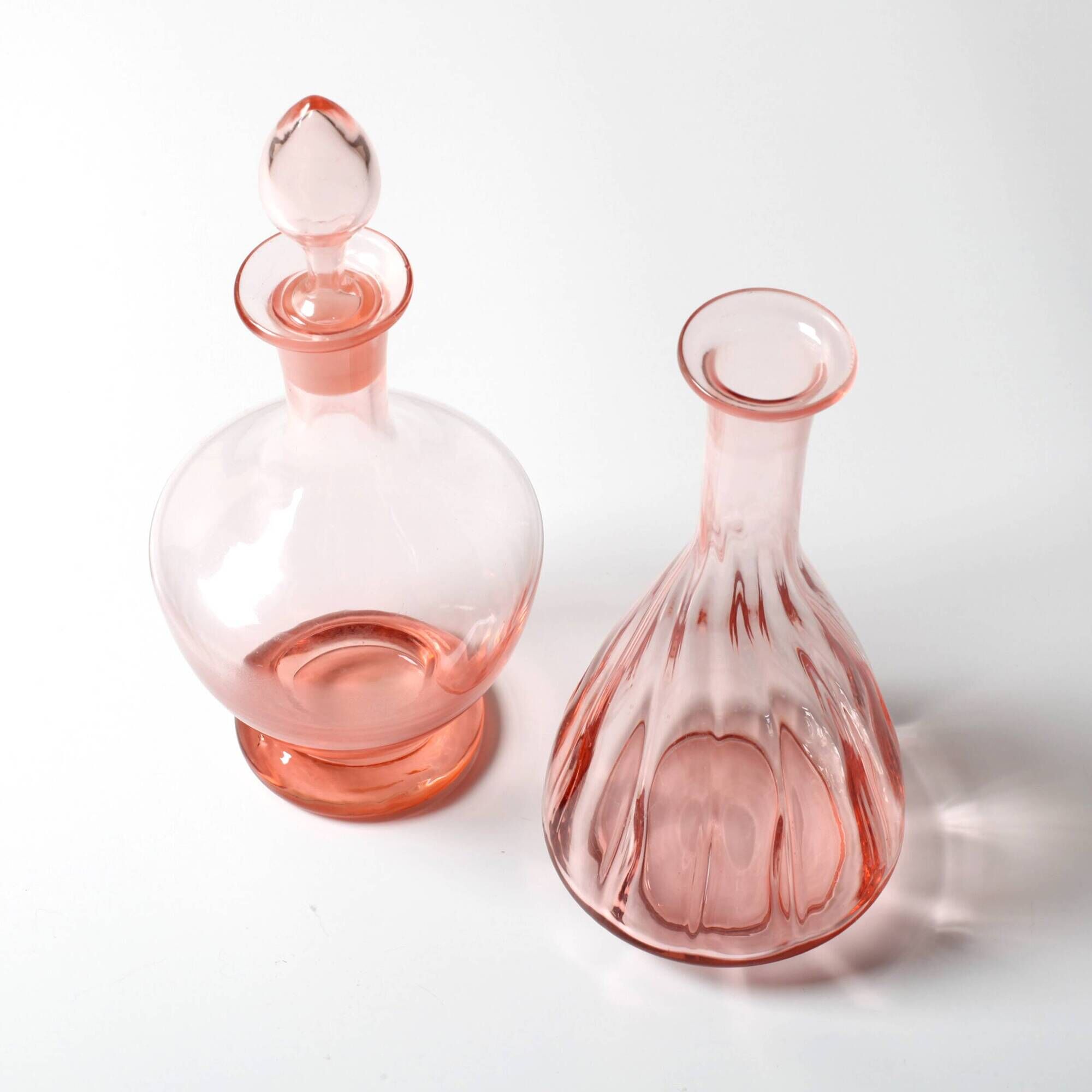 Pair of Rare Vintage Pink Glass Decanters / Empoli / Italy / 1930s
