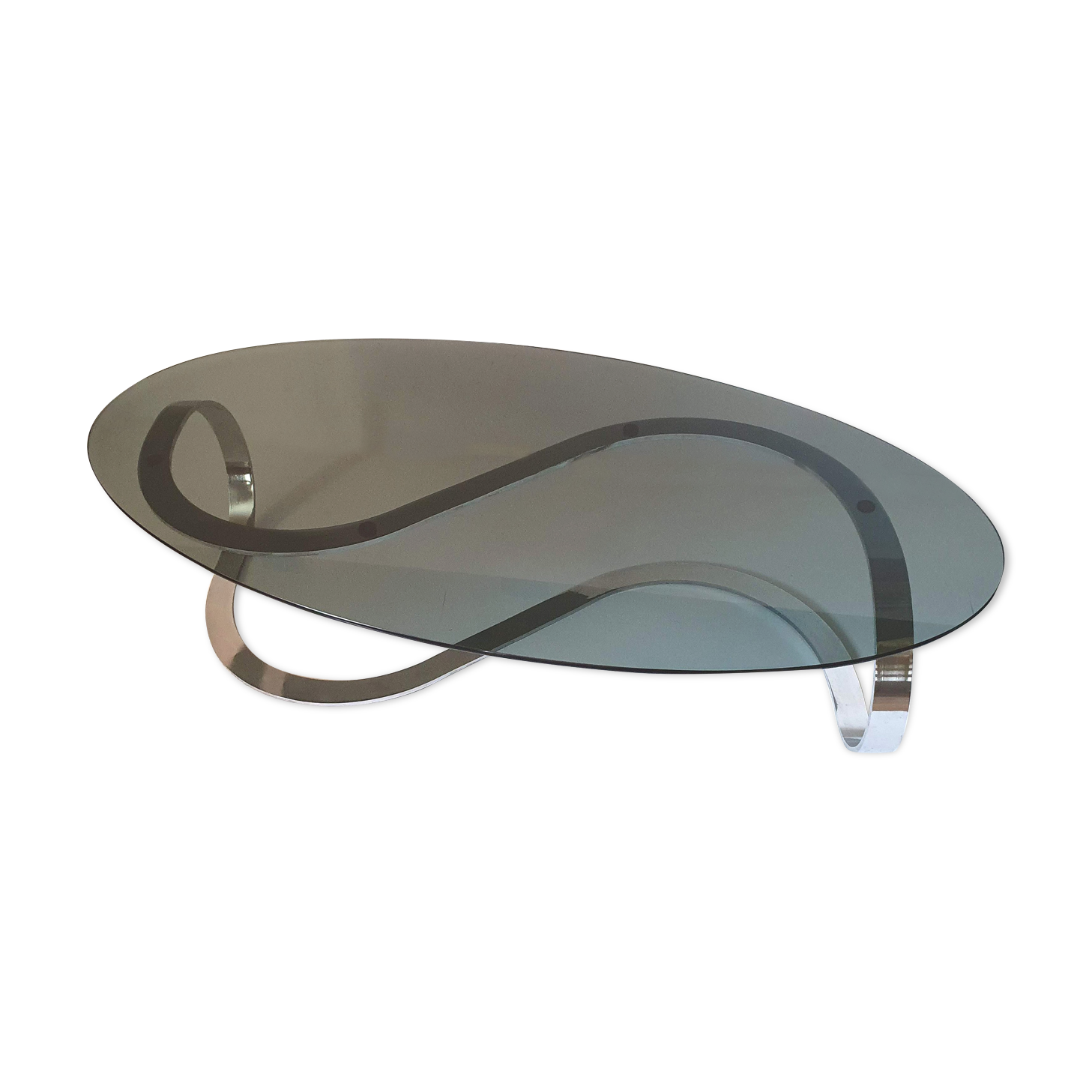 Oval coffee table chrome metal and smoked glass 70s