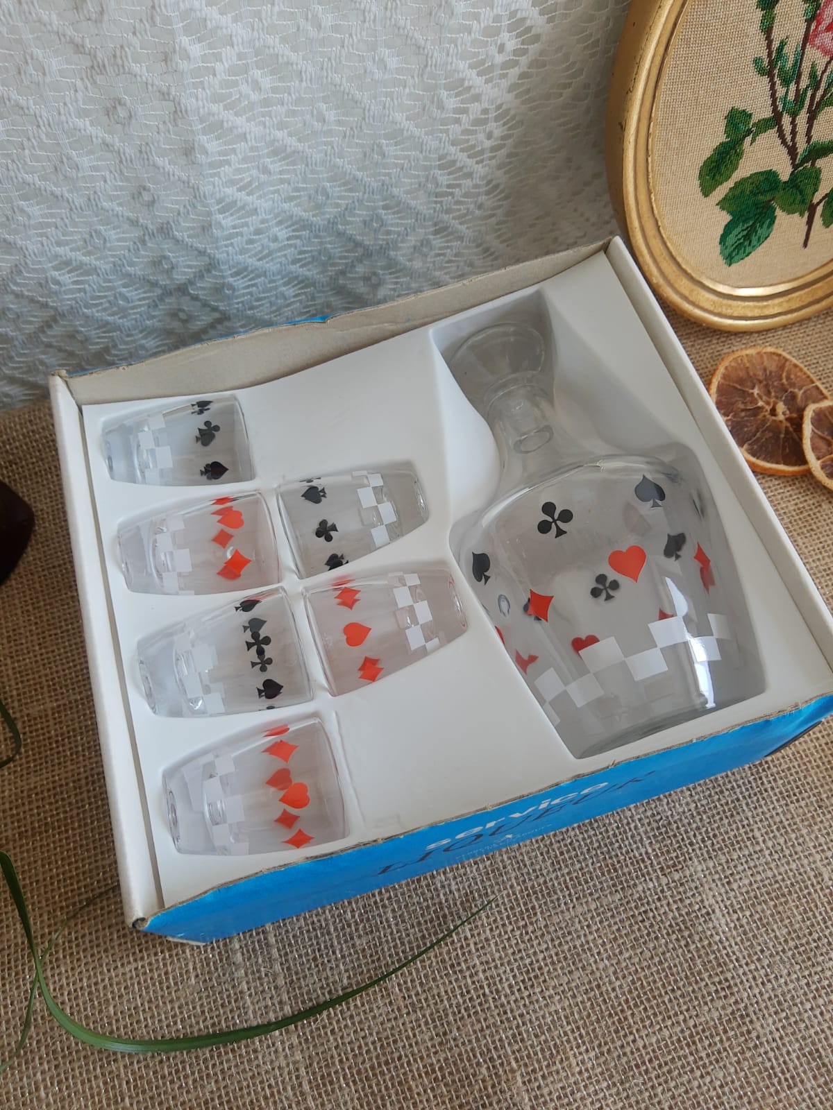 Service à liqueur jeu de cartes pique trèfle carreau et cœur - Vintage