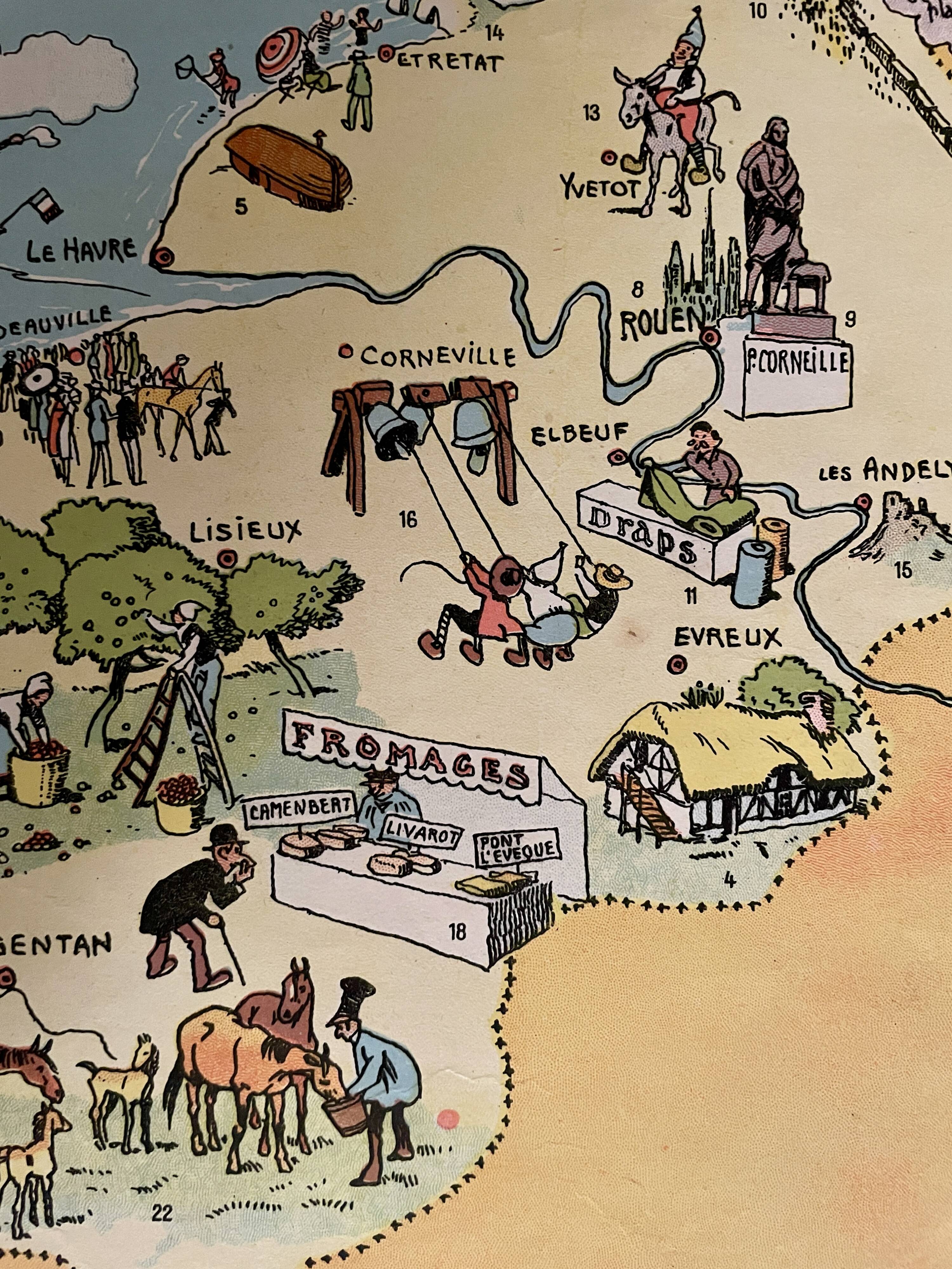 Affiche ancienne carte illustrée de la Normandie 1927 - JP Pinchon