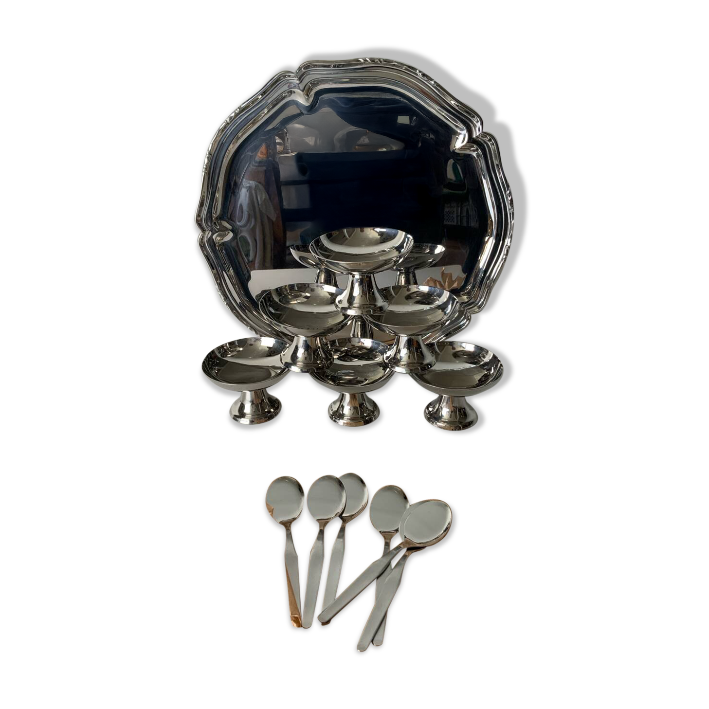 Vintage stainless steel ice cream bowls and tray