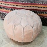 Moroccan pouf in embroidered natural leather