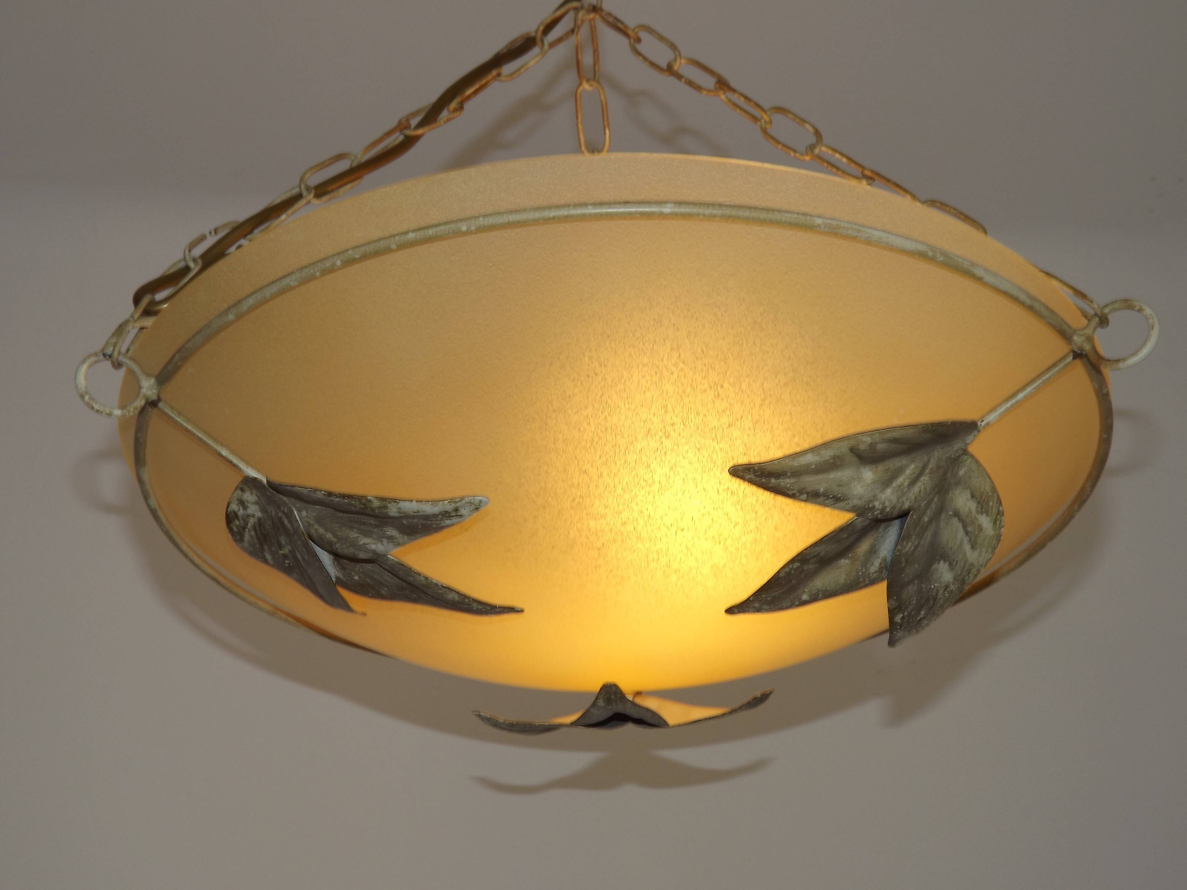 Italian Metal Ceiling Light Gold Leaf Detail Frosted Glass Bowl Shade