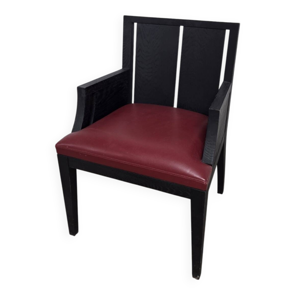 Fauteuil Philippe Hurel Modèle Wallis en cuir rouge et hêtre noir