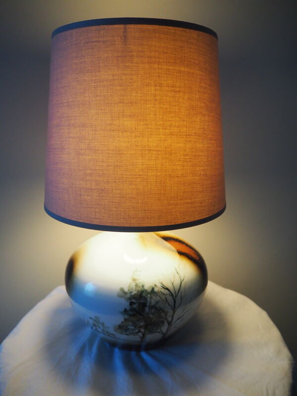 Lampe boule en céramique émaillée signée bossis et abat-jour en tissus