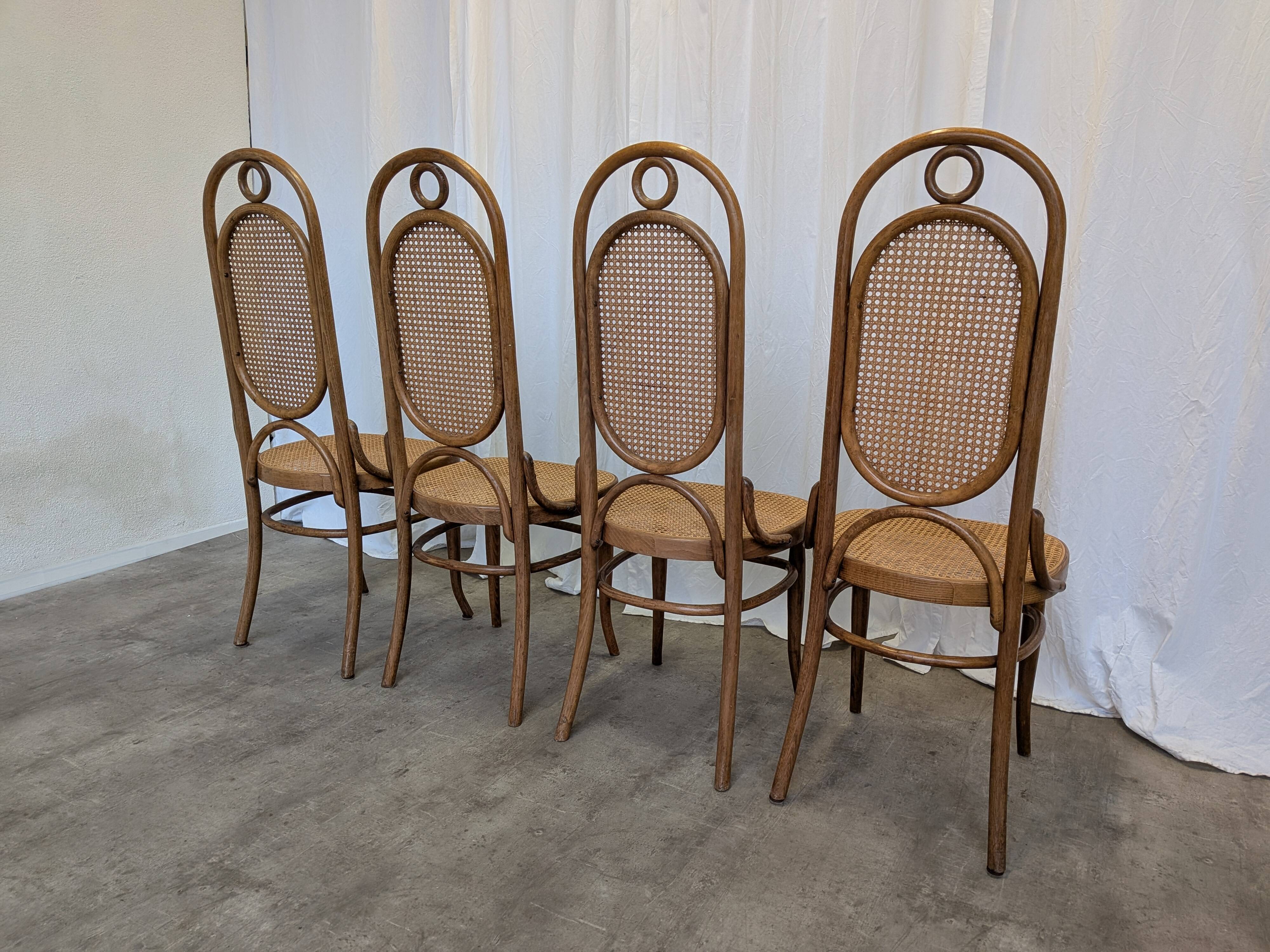Set of 4 Vintage Bentwood Cane Dining Chair, Thonet Style, 1970s Yugoslavia