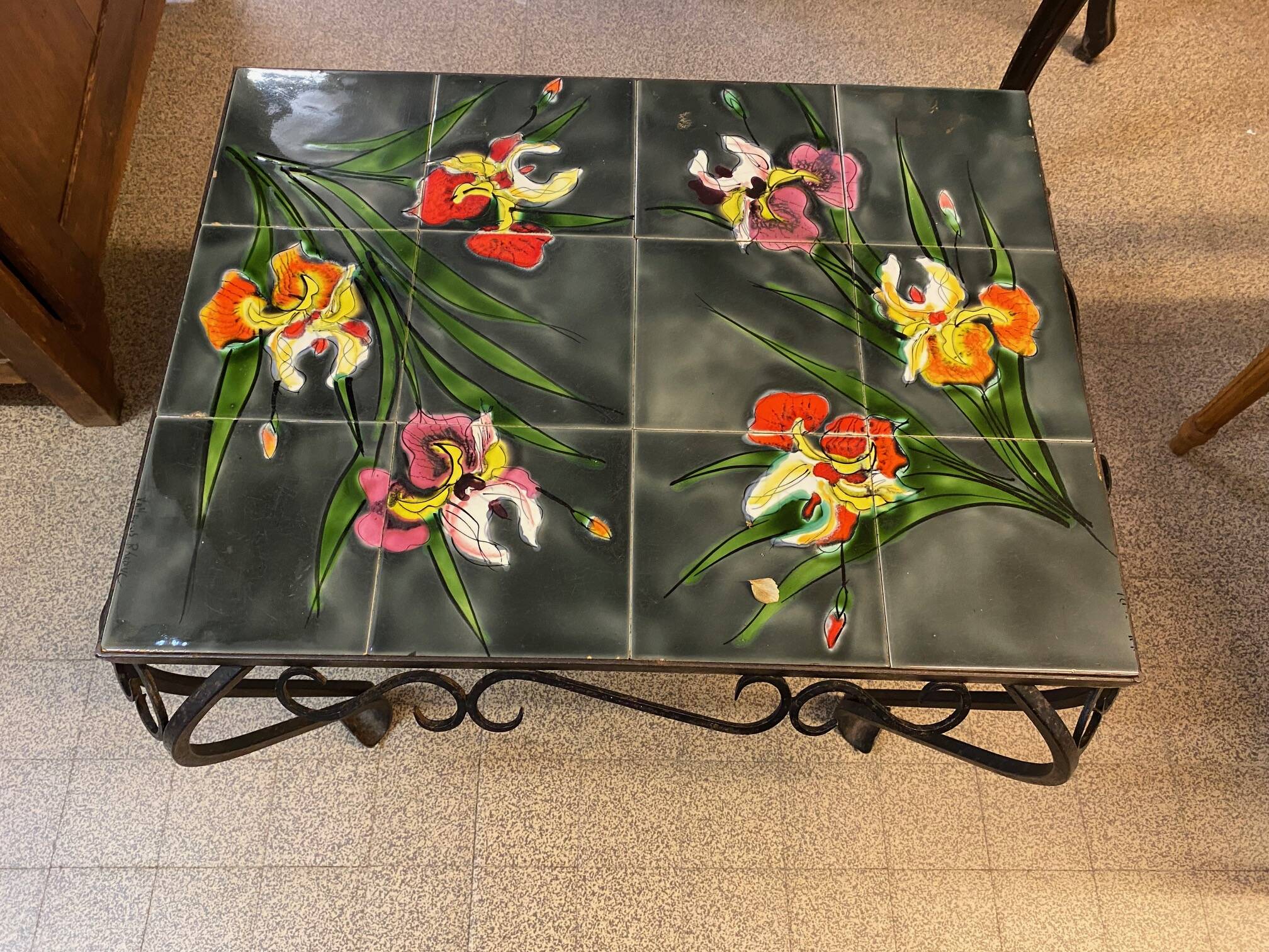 Vallauris coffee table signed rheaul faience tiles, flowers and wrought iron
