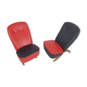2 fauteuils cuir noir rouge Artifort