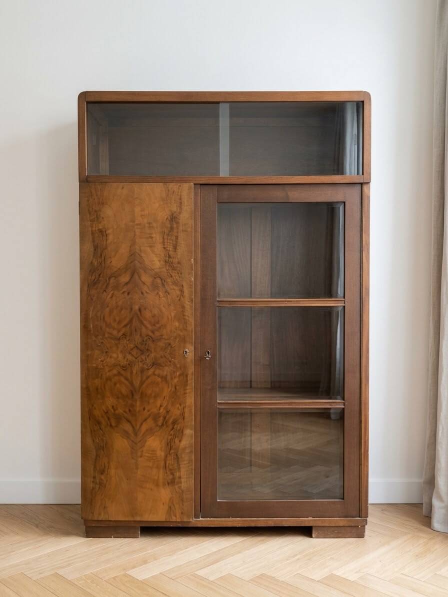 Antique Art Deco display cabinet in wood and walnut veneer.