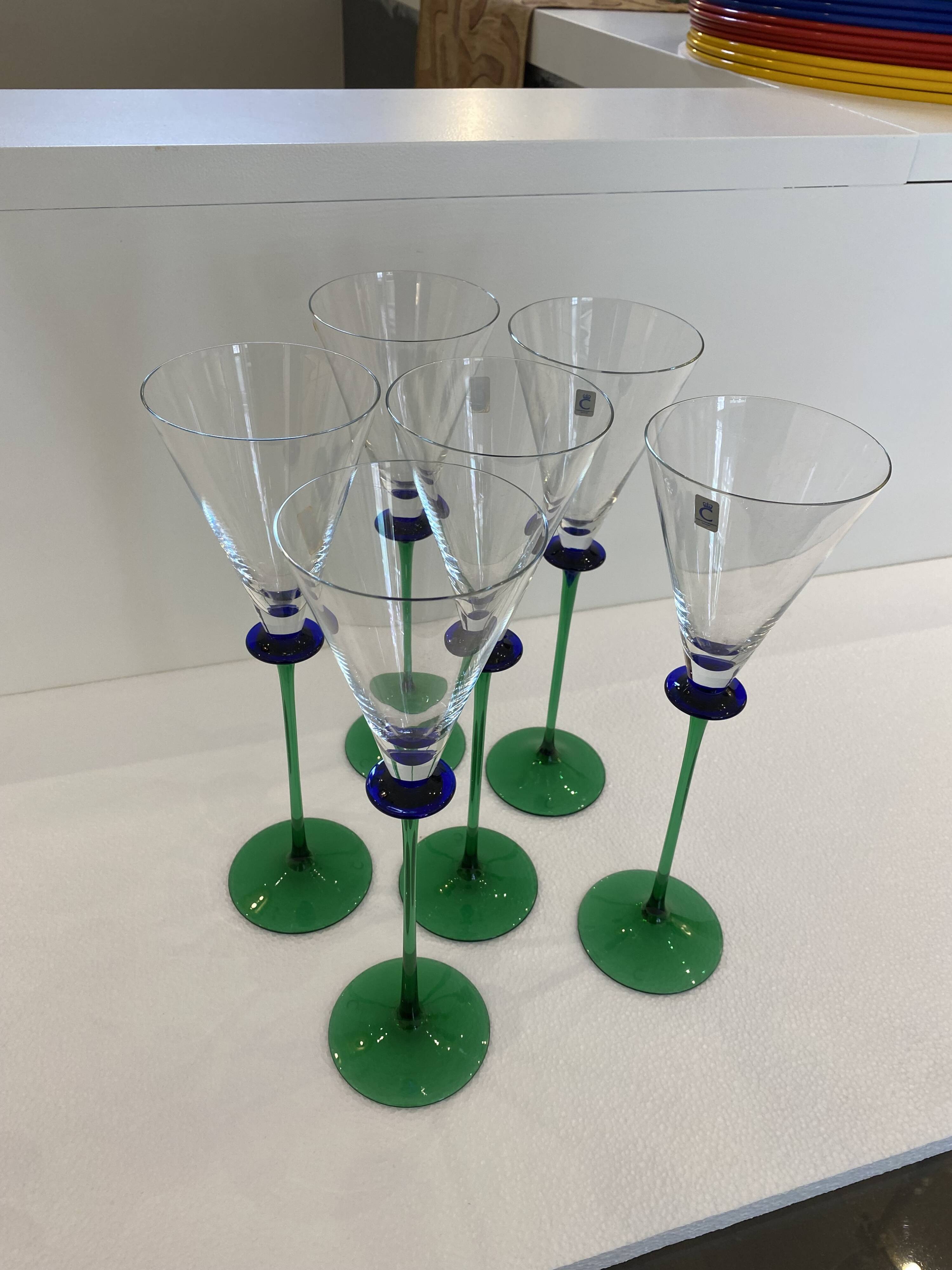 A Set of 6 Hand-blown Emerald Green Cobalt Blue Stem Champagne Flutes Art