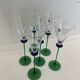 A Set of 6 Hand-blown Emerald Green Cobalt Blue Stem Champagne Flutes Art
