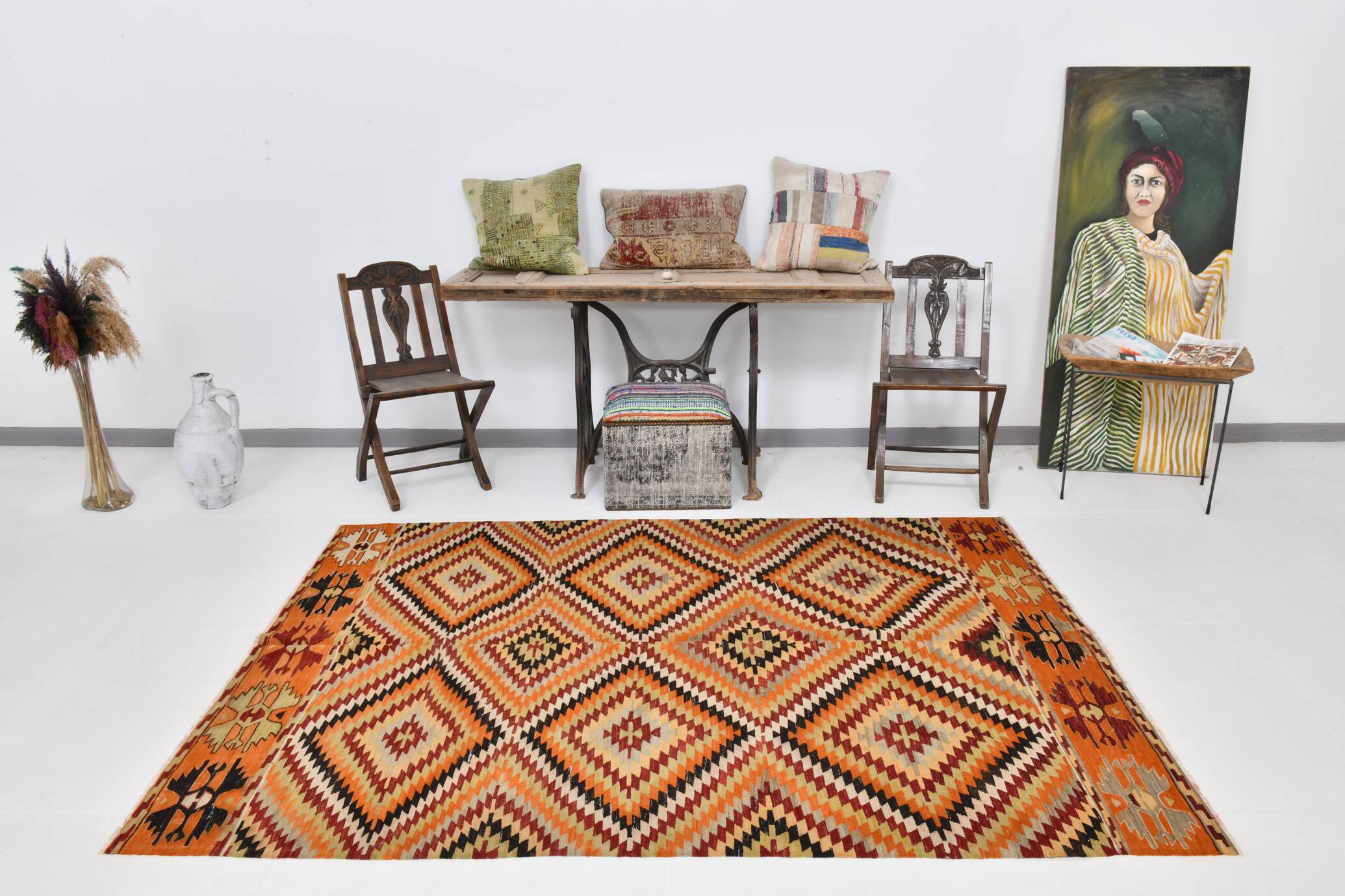 Tapis Kilim en laine fait main tribal noir orange 6x8