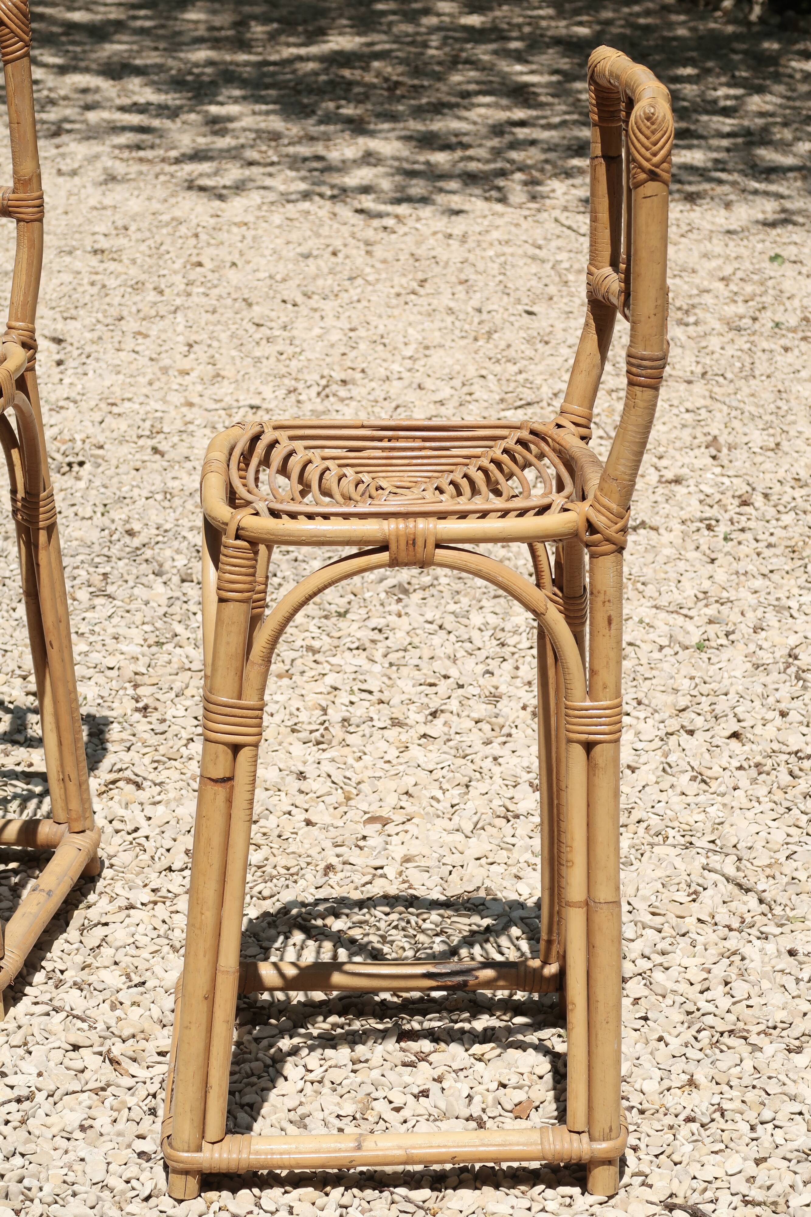 Pair of bamboo rattan bar stools, 70s