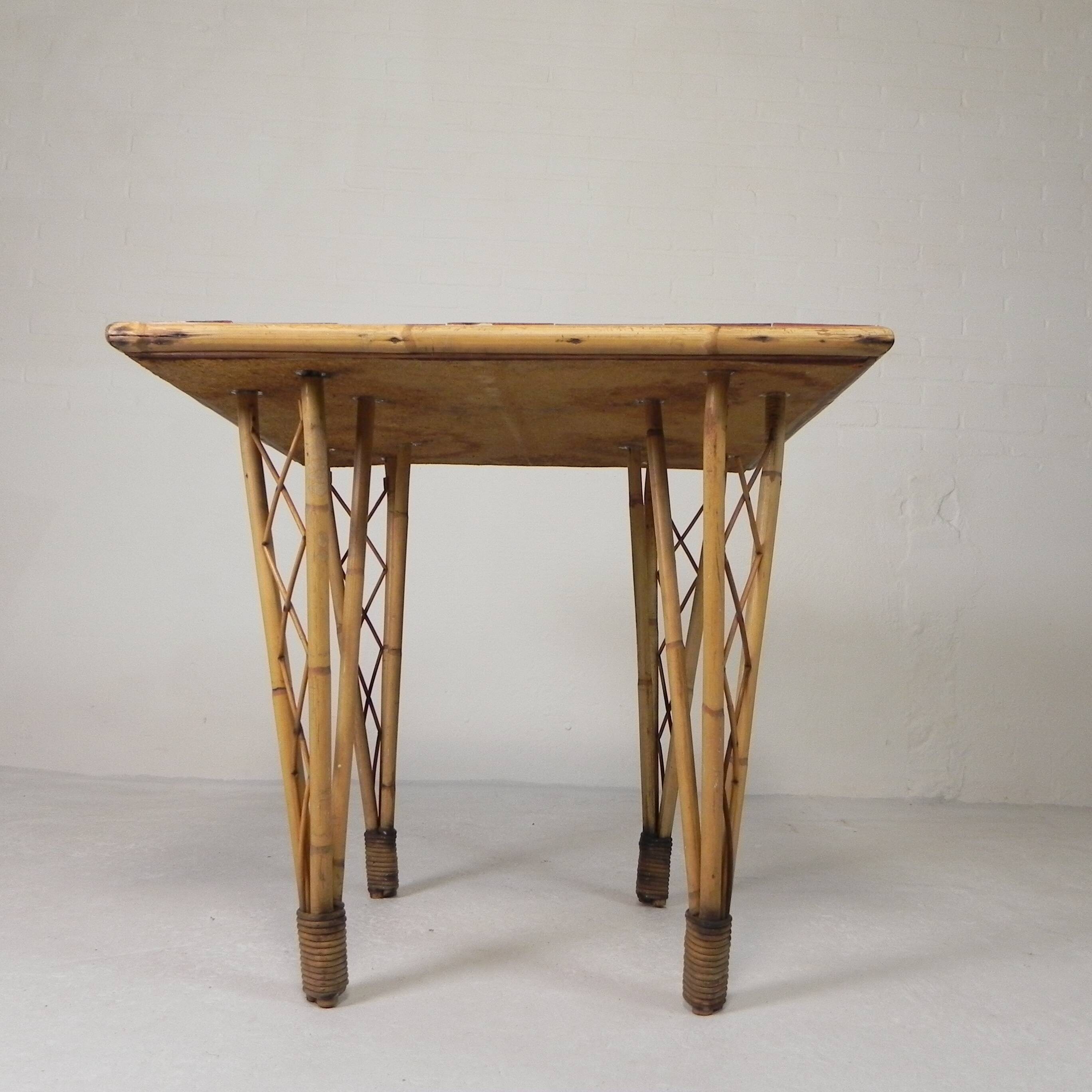 Vintage bamboo dining table with red, white and blue checks, 1950s