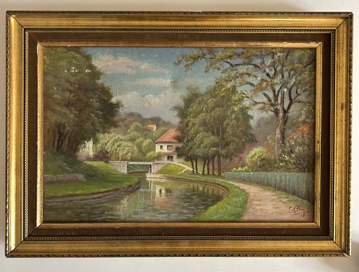 Huile sur Toile « Le pont de Blamont sur l'Ourcq » de Laby . XX.