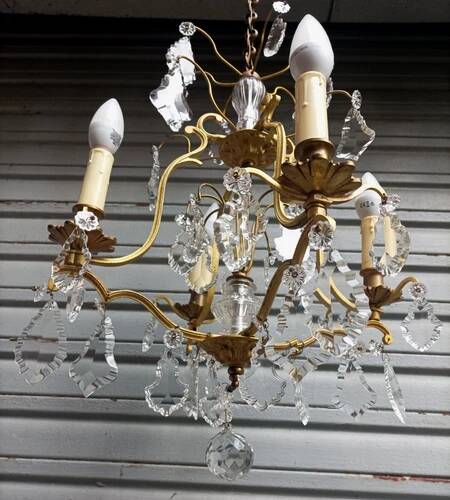 Rare antique cage chandelier in gilded bronze and crystal, 4 lights / WORKING CONDITION GAU?