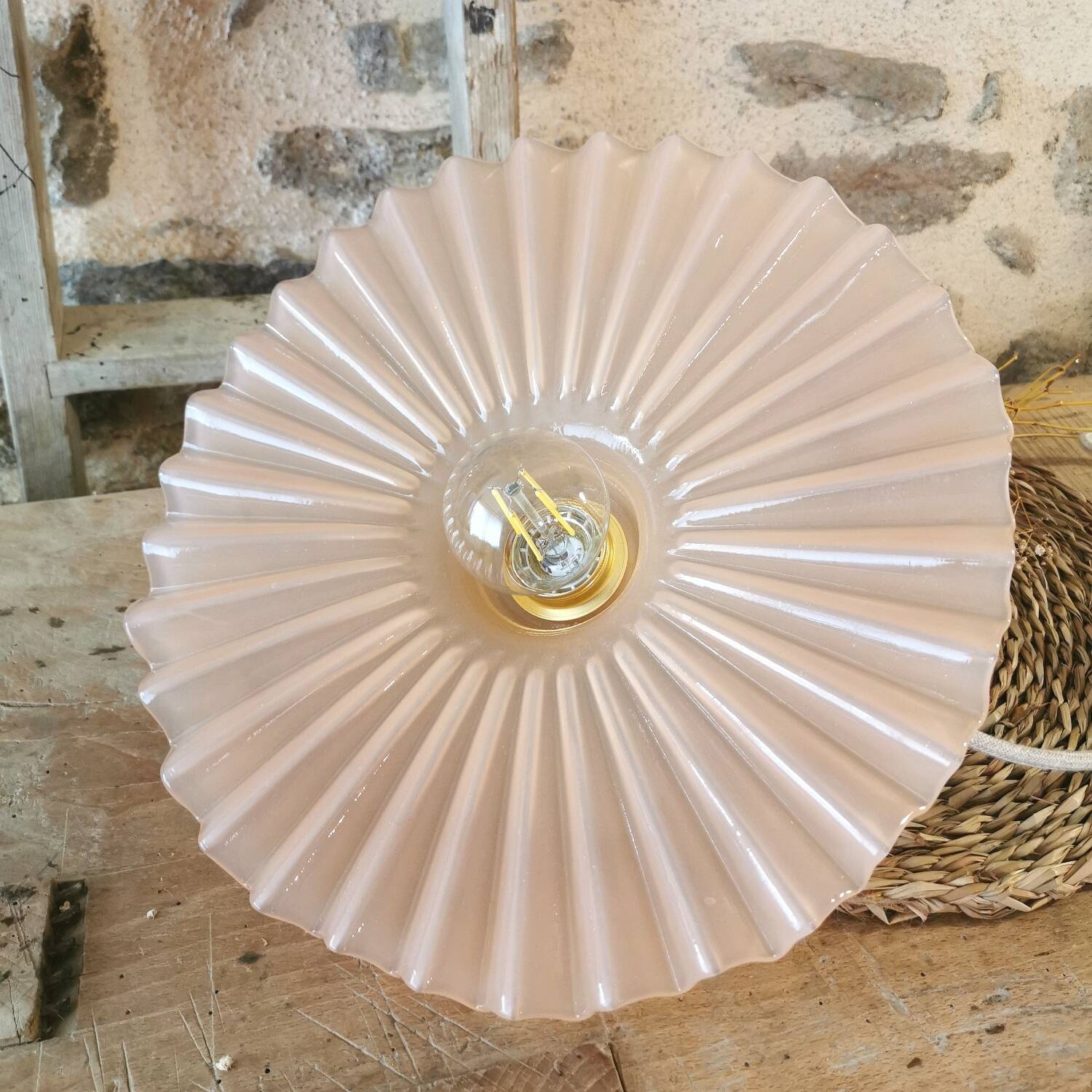 Vintage opaline pink pleated molded glass pendant light