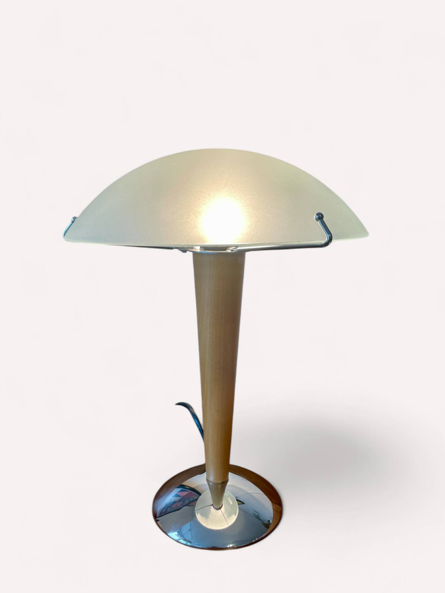 Chrome and wood mushroom lamp