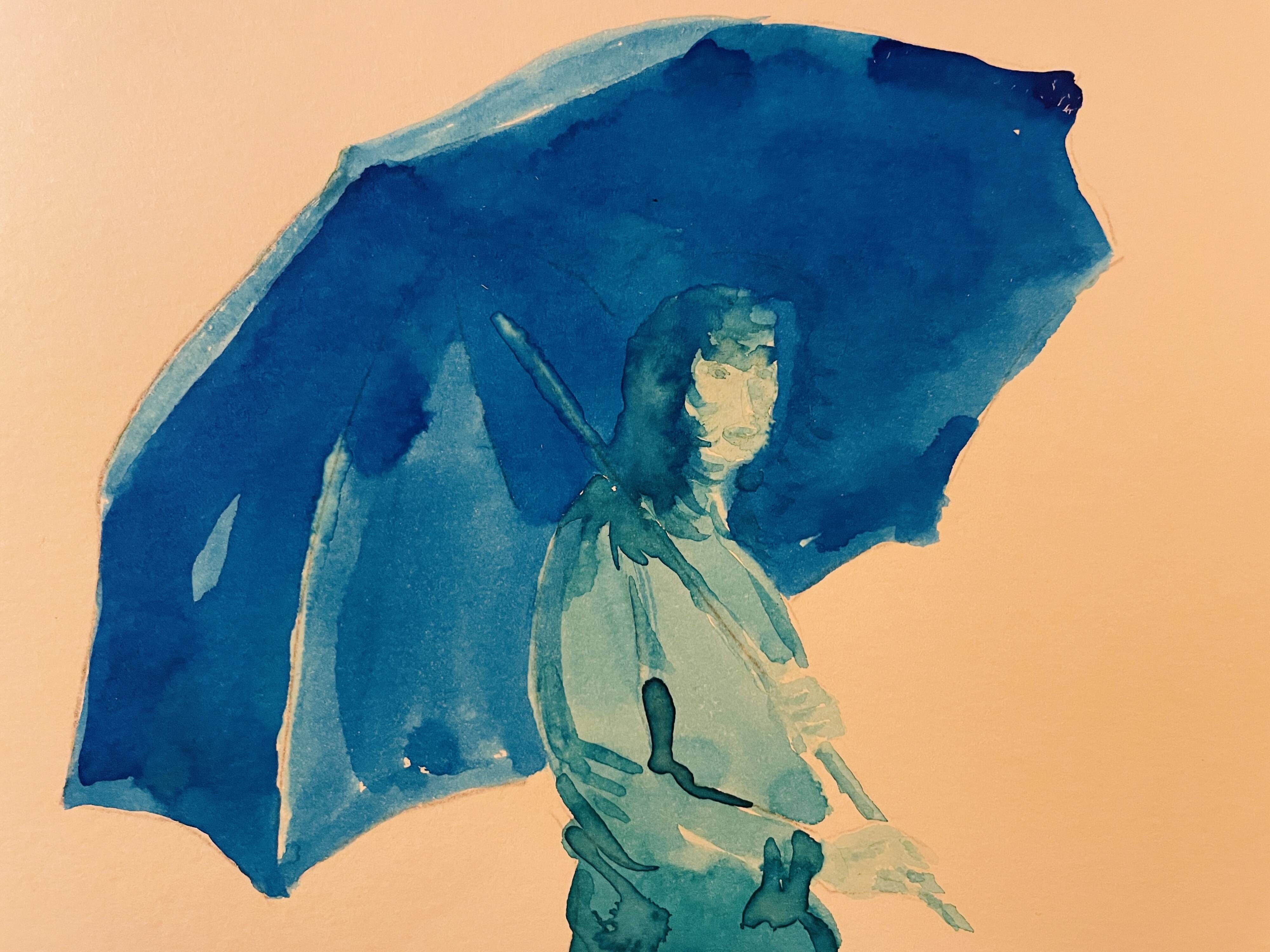 Monochrome blue painting signed female portrait "weekend in Deauville"