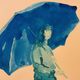 Monochrome blue painting signed female portrait "weekend in Deauville"