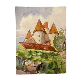 Watercolor vintage castle