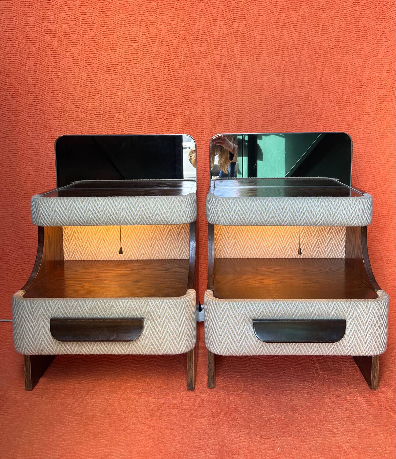 SET OF 2 VINTAGE 1970S NIGHTSTANDS/SOFA ENDS IN WOOD AND FABRIC