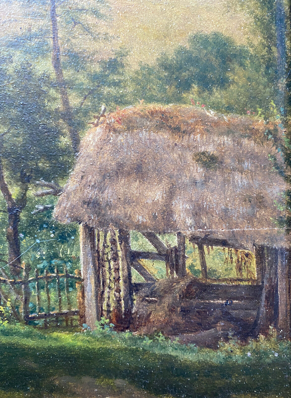 Table XIX° century, farm with thatched roof in the woods", signed Delattre