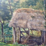 Table XIX° century, farm with thatched roof in the woods", signed Delattre