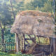 Table XIX° century, farm with thatched roof in the woods", signed Delattre