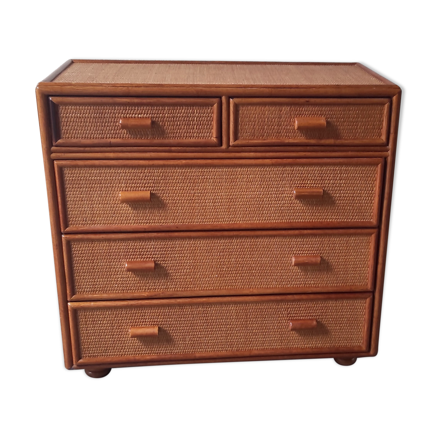 Chest of drawers 5 drawers wood and cannage – 80s