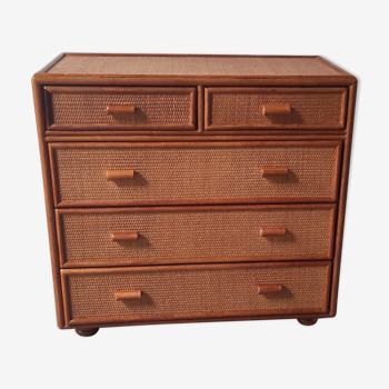Chest of drawers 5 drawers wood and cannage – 80s